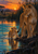 A lioness looks down toward a cub wading at a riverbank, with distant observers, reeds and a copper-gold sunset.