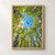 Five dark swallows flying through a blue sky opening framed by sunlit white-barked birch trees and spring-green leaves.; frame shown for styling only