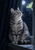Silver-gray tabby cat seated on a dark windowsill, gazing up at a pale green glowing moth near a moonlit window and patterned curtain.