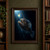 Dark deep-sea anglerfish angled upward in near-black water, with open toothed jaws, visible fins, and a glowing bulb on an arcing lure.; frame shown for styling only