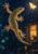 Pale speckled gecko gripping rain-covered glass, with a glowing insect-like shape and amber reflection against a dark blue background.
