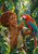 Woman offering a small red berry to a scarlet-and-blue macaw perched on her forearm, with a green parakeet among rainforest foliage.