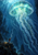 Glowing turquoise jellyfish with long trailing tendrils above a small diver reaching up from a rocky ledge in dark blue water.