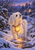 A fluffy white dog with a glowing chest lantern stands on a snowy garden path, with bare branches and a lit cottage in the distance.
