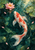 A coral-and-white koi turns beneath a pink water lily in a dark teal pond with lily pads, petals, ripples, and reflections.