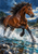 Painterly bay horse facing right as it runs through turquoise water, with spray, trees, and a dramatic blue sky.