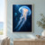 Large glowing translucent blue jellyfish with a warm central glow and fine trailing filaments in dark indigo water, with a smaller turquoise jellyfish at left.; frame shown for styling only