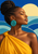 Dark-skinned woman in right-facing profile with closed eyes, a high braided coil, turquoise disk earring, and yellow shoulder wrap against blue and seafoam geometric waves and a pale-yellow sun.