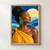 Dark-skinned woman in right-facing profile with closed eyes, a high braided coil, turquoise disk earring, and yellow shoulder wrap against blue and seafoam geometric waves and a pale-yellow sun.; frame shown for styling only