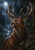 Alert stag shown chest-up in a moonlit woodland, with thorny berry vines threaded through broad branching antlers.