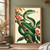 Emerald-green snake with a raised head and forked tongue coiling around a leafy flowering branch with coral-red blossoms on ivory.; frame shown for styling only