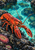 Scarlet-orange lobster with long antennae on dark rock beside a bright turquoise tidepool with sea anemones and bubbles.