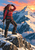 Adult woman climber in red outerwear shading her eyes on a snowy summit ledge, with an ice axe, rope, and coral dawn sky.