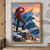 Adult woman climber in red outerwear shading her eyes on a snowy summit ledge, with an ice axe, rope, and coral dawn sky.; frame shown for styling only