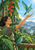 Woman in green reaching toward a flying turquoise parakeet, with a second bird on a wooden rail amid tropical leaves and a hanging flower.