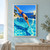 Adult swimmer in a cobalt swimsuit diving headfirst toward circular ripples in a turquoise pool, with a sunny coastal horizon.; frame shown for styling only