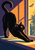 Black cat stretching forward across a windowsill toward an orange-brown moth, with a curled tail and sharp golden window light.