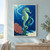 Turquoise and green seahorse swimming upright with its curled tail around seagrass, surrounded by a pale current, coral, bubbles, and sandy seabed.; frame shown for styling only