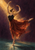 Full-body dancer in a flowing rust-red skirt balances on one foot with her other leg lifted, arms raised beneath a diagonal beam of golden light in a plum studio.