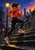 Woman in a vermilion jacket running up broad urban steps at dusk beneath a glowing streetlamp.