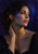 A woman with dark hair looks right in close profile, her hand resting at her neck against a deep blue-violet background.