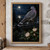 Slate-gray pigeon with a banded tail perched on a wet rooftop above flowering plants, with a moonlit lake behind.; frame shown for styling only