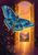 Large blue moth with patterned spread wings hovering before an ornate golden doorway that frames a sunset landscape.