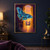Large blue moth with patterned spread wings hovering before an ornate golden doorway that frames a sunset landscape.; frame shown for styling only