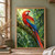 Scarlet macaw with red and blue-green feathers perched on a moss-covered branch among tropical leaves.; frame shown for styling only