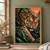 Close view of a Bengal tiger advancing through rain-speckled tropical foliage, with its face turned toward the viewer and a coral-orange sky behind it.; frame shown for styling only