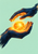 Two indigo-blue hands surround a glowing orange-gold orb against a pale mint background.