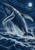 Blue-toned humpback-like whale breaching from a dark sea beneath a bright moon, surrounded by spray.