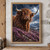 Shaggy Highland-type bull with curved horns standing among purple heather beneath storm clouds and mountains.; frame shown for styling only