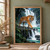Orange tiger stepping onto a wet rock ledge above a forest waterfall, framed by dark green foliage and jade water.; frame shown for styling only