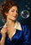 Painterly portrait of an amused auburn-haired woman in a blue blouse and ivory collar, with a wand and iridescent bubble beside her cheek.