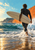 Rear-view surfer carrying a pale longboard through white shorebreak foam, with an orange sea wall, teal water, and distant headland.