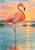 Coral-pink flamingo standing on one leg in shallow teal water, with its other leg raised beneath a peach sunset sky.