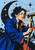 Illustrated woman in a cobalt coat looking through a brass telescope beneath a dark crescent moon and stars.