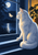 White long-haired cat sitting on a blue windowsill and watching a pale moth, with a moonlit view and an amber-lit leafy plant.