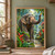 Large elephant raises its trunk toward a yellow-orange leaf in a lush garden with red flowers and reflective water.; frame shown for styling only