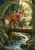 Russet red fox looking back while standing on a mossy wooden bridge above a stream, framed by ferns and forest greenery, with a small golden glow nearby.