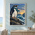 Penguin wearing a navy coat and teal scarf stands on a rocky ledge above ocean waves, looking toward a distant lighthouse at sunset.; frame shown for styling only