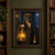 Brindle boxer-like dog in a dark coat and scarf holding a glowing brass lantern in a moonlit setting.; frame shown for styling only