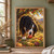 Thick-coated tri-color dog lowering its nose toward a red apple beneath an apple-laden branch in an autumn orchard.; frame shown for styling only
