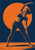 Full-figure woman in a standing side stretch with one arm overhead, against an orange disk and deep blue field.