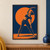 Full-figure woman in a standing side stretch with one arm overhead, against an orange disk and deep blue field.; frame shown for styling only