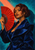 Adult woman with a dark auburn bob holding an open red fan beside her face against a teal background.