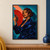Adult woman with a dark auburn bob holding an open red fan beside her face against a teal background.; frame shown for styling only