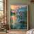 A gray-blue heron stands among reeds and cattails in reflective marsh water beneath a bright peach-and-amber dawn sky.; frame shown for styling only
