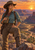 Adult cowgirl with a canteen stands on a rocky canyon overlook at sunset, with a raised boot, winding trail, and small cacti.